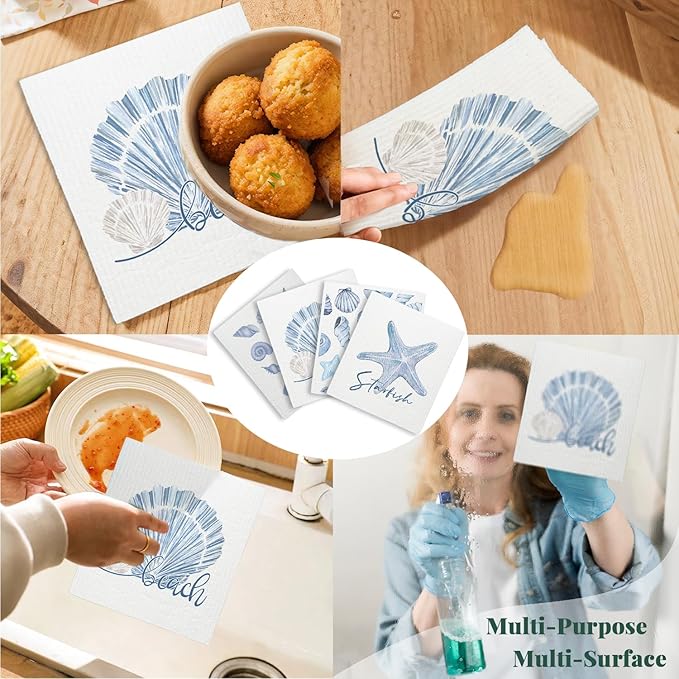 Beach Ocean Swedish Dishcloths for Kitchen, Shells Swedish Dish Cloths for Ocean, 4 Pack Dish Towels for Kitchen, Papaya Reusable Paper Towels Washable
