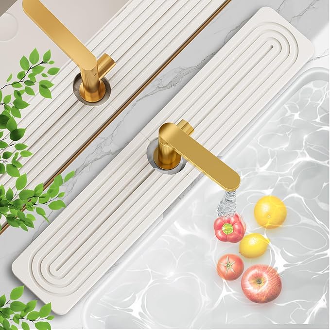 24'' Longer Stone Faucet Mat for Kitchen Sink [Super Absorbent, 30s Quick Drying] Water Absorbing Stone Tray for Sink Stone Mat for Kitchen Sink Stone Quick Dry Around Faucet Diatomite Stone Sink Tray