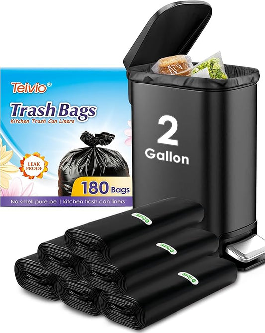 2 Gallon 180 Counts Small Strong Black Trash Bags Garbage Bags by Teivio,Small Waste Basket Liner, Bathroom Trash Can Bin Liners, Plastic Bags for home office kitchen,Black