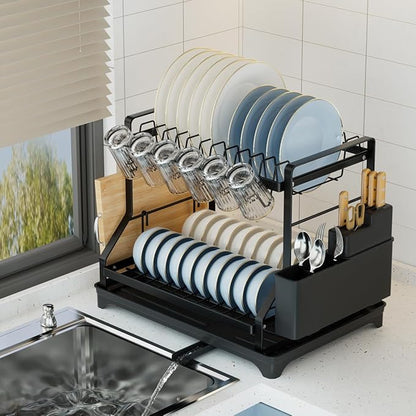 2-Tier Kitchen Dish Drying Rack with Drainboard, Black, Large Capacity Dish Rack with Cup Holder, Knife Block, Cutting Board Rack, 42x32.5x34cm
