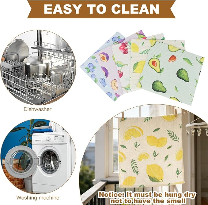 Ninsula Dish Cloths 5 Pack, Absorbent Cellulose Sponge Dishcloths for Kitchen, No Odor Biodegradable Reusable Kitchen Towels (Watercolor-Style Fruit Patterns)