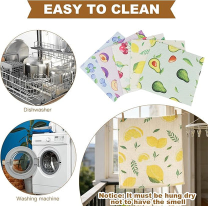 Ninsula Dish Cloths 5 Pack, Absorbent Cellulose Sponge Dishcloths for Kitchen, No Odor Biodegradable Reusable Kitchen Towels (Watercolor-Style Fruit Patterns)