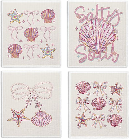 Beach Ocean Sells Swedish Dishcloths for Kitchen, Pink Salty Soul Sells Swedish Dish Cloths for Ocean, 4 Pack Dish Towels for Kitchen washcloths, Papaya Reusable Paper Towels Washable