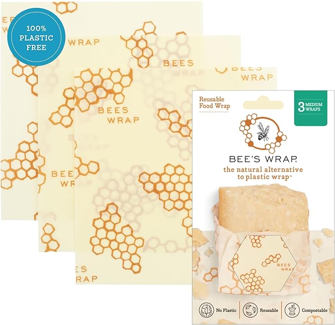 Bee's Wrap Beeswax Wraps for Food - 3 Pack of Medium Beeswax Wraps - Plastic Free Made in USA Reusable Natural Food Wrap - Honeycomb Print
