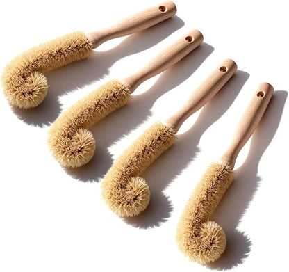 Wooden Bottle Brush - L-Shape Long Handle Cup Scrubber for Water Bottles, Decanters & Glassware - Beech Wood Kitchen Cleaning Tool (Multipack) (4)