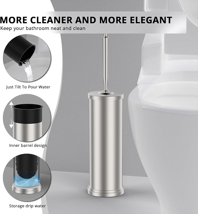 Premium 304 Stainless Steel Toilet Brush and Holder: Weighted Stable Base, Removable Inner Tube, Splash-Proof Design for 360° Thorough Cleaning & Space-Saving Storage,Nickel