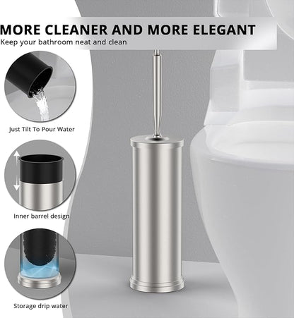 Premium 304 Stainless Steel Toilet Brush and Holder: Weighted Stable Base, Removable Inner Tube, Splash-Proof Design for 360° Thorough Cleaning & Space-Saving Storage,Nickel