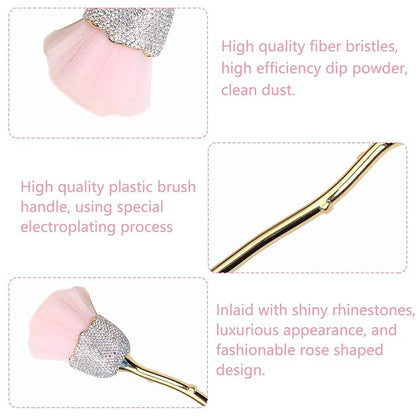 1pc Nail Art Dust Powder Remover Inlaid Clear Crystal, Rose Soft Nail Brush Acrylic Nail Manicure Dust Cleaner Brush for Nail Trimming Cleaning Makeup Brush Tools