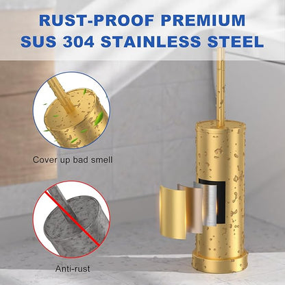 Toilet Brush and Holder Set: 304 Stainless Steel Brushed Gold Toilet Bowl Brush and Holder with Removable Inner Bowl and Splash Protection, Heavy Duty Long Handle Bathroom Cleaning Tool