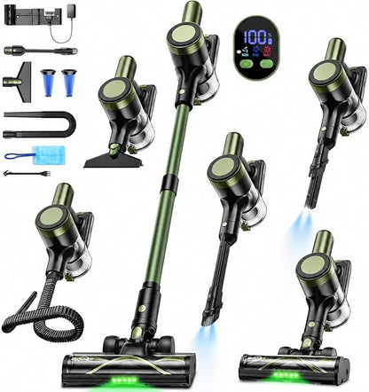 Cordless Vacuum Cleaner,58kPa/10-in-1 Stick Vacuum with 29-inch Hose and LED Lighting Brush,50Mins Runtime Vacuum Cleaner for Home,Self-Standing Vacuum with Anti-Tangle Brush for Pet Hair/Carpet/Floor