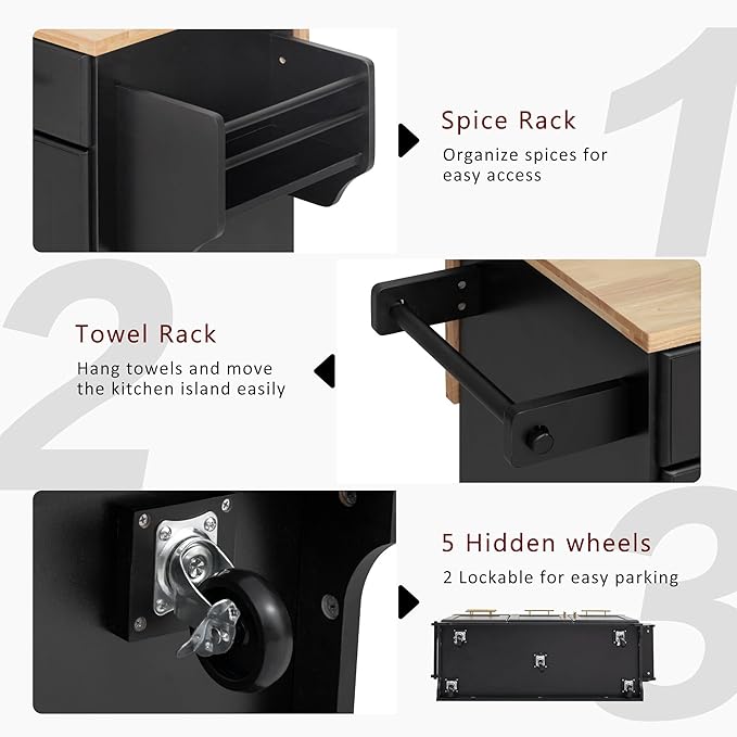59.3" Kitchen Island with Drop Leaf and Pull Out Trash Can Storage Cabinet, Rolling Kitchen Island Table with Power Outlet, Spice & Towel Rack for Kitchen, Dining, Black