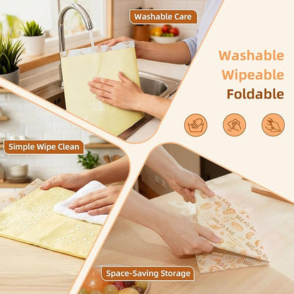 2 Pack Beeswax Bread Bags for Homemade Sourdough Bread, Includes 2 Wraps, 17×13 Inches Organic Cotton Bread Storage Bags, Keeps Bread Fresh, Ideal for Bakers, Kitchen, Travel (Bread Print)