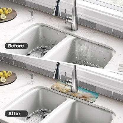Summer Beach Starfish Sea Shell Blue Sky Sun Kitchen Sink Splash Guard Faucet Mat Super Absorbent Fast Drying Mat Sink Gadgets-Fast Drying Pad Sink Mat For Kitchen Bathroom (15" X 5.5" )