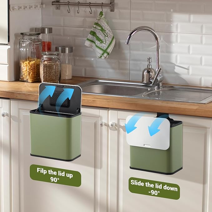 GarveeHome 1.3 gal/5L Countertop Compost Bin with Lid, Hanging Small Trash Can with Odor Control Charcoal Filter ＆ Bucket Under Sink for Kitchen, Hanging/Wall Mounted/Standing Food Waste Bin, Green