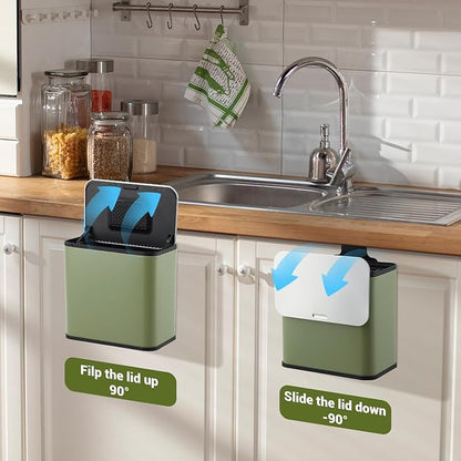 GarveeHome 1.3 gal/5L Countertop Compost Bin with Lid, Hanging Small Trash Can with Odor Control Charcoal Filter ＆ Bucket Under Sink for Kitchen, Hanging/Wall Mounted/Standing Food Waste Bin, Green