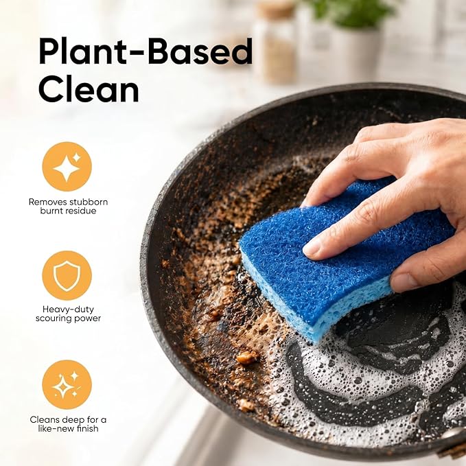Non-Scratch Cellulose Sponge Kitchen Scrub Sponge with Scouring Pad Set, Good for Non-Stick Cookware Frying Pan, Pot, Counter Top, Sink Scrubbing, Kitchen Scrubbers, Pack of 2, (Blue)