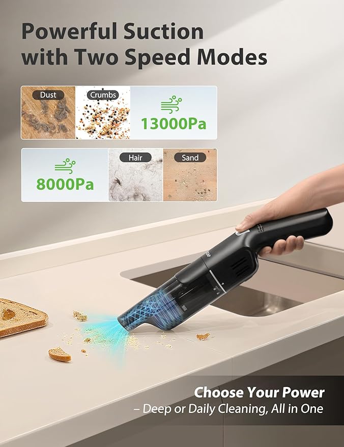 Handheld Vacuum Cleaner, Cordless & Rechargeable, 15KPa Powerful Suction, 30-Min Runtime, 500ML Dust Cup, for Pet Hair/Car/Home Matte Black