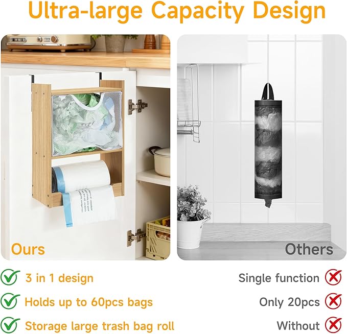 ZIFTY 2-in-1 Trash Bag Dispenser Grocery Holder, Wall Mount Garbage Bag Dispenser Space-Saving and Large Storage Capacity, Bamboo Roll Plastic Case Organizer for Home Kitchen Laundry Pantry