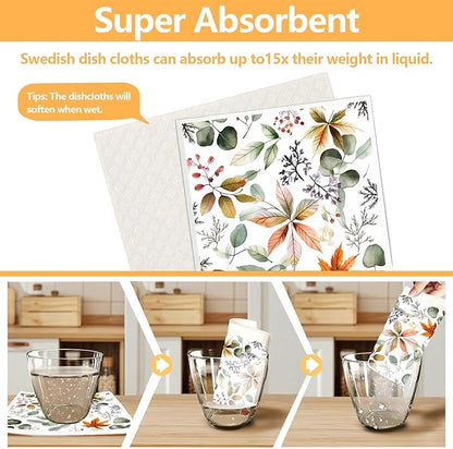 6 Pack Swedish Dishcloths for Kitchen - Reusable Dish Paper Towels Wash Cloths Washable,Absorbent Cellulose Cleaning Sponge Cloth Wipes Quick Dry, Decorative Tea Towels,No Odor Biodegradable(Flowers)