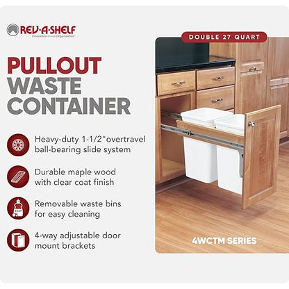 Rev-A-Shelf Top Mount Double Pullout Under Cabinet 27 Quart Kitchen Trash Cans with 150 Pound Rated Full-Extension Slides, 4WCTM-15DM2