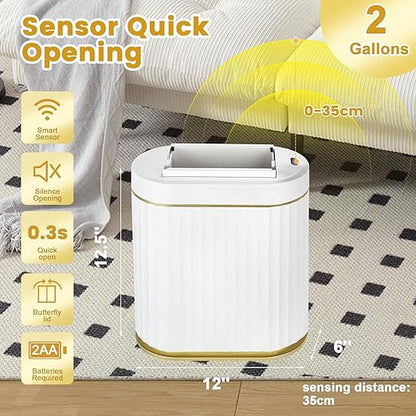 ELPHECO Bathroom Trash Can with Lid Butterfly, Motion Sensor Trash Can Bathroom Decor Automatic Garbage Can Wastebasket Bathroom Accessories, Kitchen, Living Room, Office, White Gold