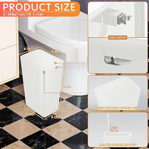 2.65-gallon/10-liter Push-Button Trash can with lid + 100 Trash Bags. Features pet-Proof, Odor-Proof, and Quiet-Closing Functions; Suitable for bedrooms, bathrooms, Kitchens, and Offices (White)