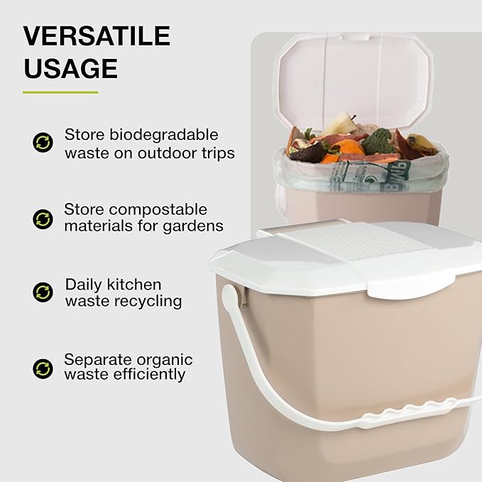 Nova Products Kitchen Compost Bin – 2 Gallon (8L) Countertop Food Waste Container | Ergonomic Handle | Beige Base with White Handle | Easy to Clean Design | Made from Durable HDPE