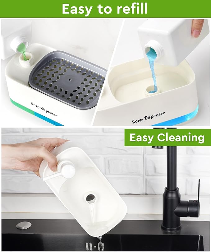 5-in-1 Kitchen Soap Dispenser Set with Sponge Holder - Dual Hand & Dish Soap Pump Dispenser for Sink Countertop with 2-Packs Natural Loofah Dish Sponge Dishwashing Scrubber,White
