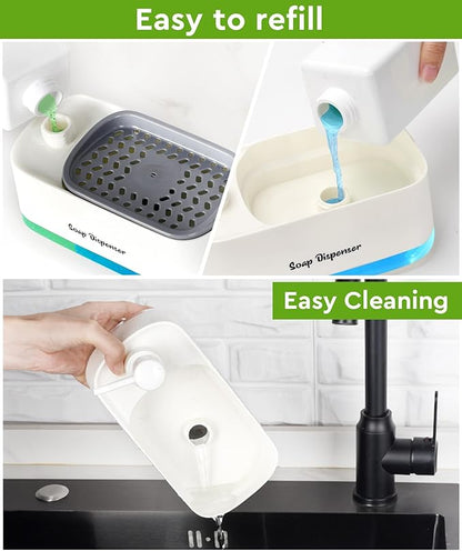 5-in-1 Kitchen Soap Dispenser Set with Sponge Holder - Dual Hand & Dish Soap Pump Dispenser for Sink Countertop with 2-Packs Natural Loofah Dish Sponge Dishwashing Scrubber,White