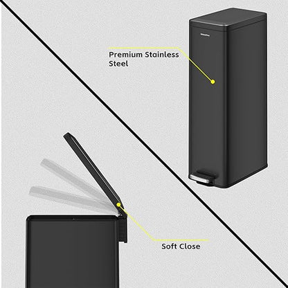 Slim Stainless Steel Trash Can with Lid, 8.1 Gallon Space-Saving Garbage Can-Step Pedal Wastebasket Slim Trash Bin for Office, Bedroom, Living Room, Black