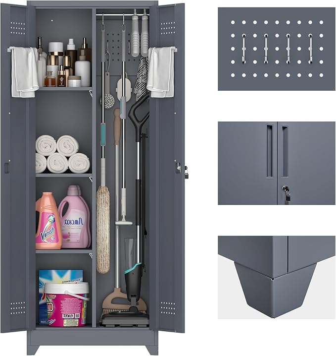 65" H Metal Garage Storage Cabinet,Broom Closet Storage Cabinet with Adjust Shelves,Utility Cabinet,Utility Closet for Garage,Gray