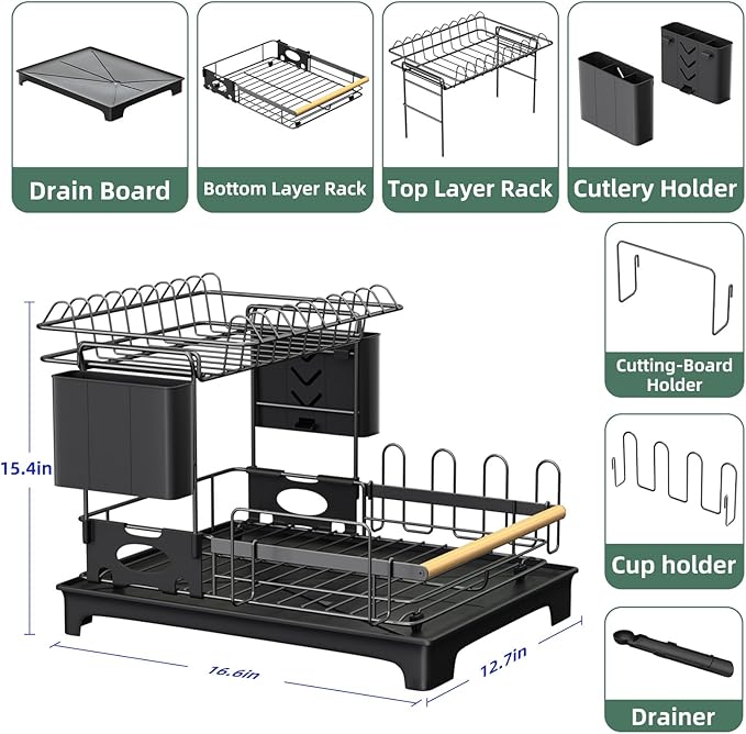2-Tier Dish Rack with Drainboard: Large Capacity Anti-Rust Kitchen Counter Organizer with Cup, Utensil & Cutting Board Holders, Heavy Duty Dish Drying Rack, Black