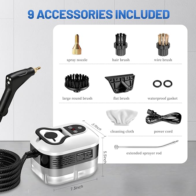 Pressurized Handheld Steam Cleaner, Portable Steamer for Cleaning with 1.2L Large Tank, 15s Fast Heat-Up, 6-Level Adjustable, Powerful Steam Cleaner for Home, Car, Kitchen, Tile, Grout