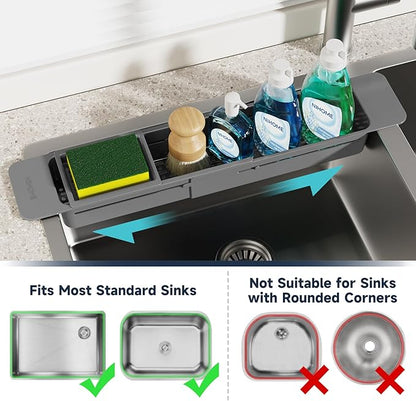NiHome Extendable Sink Kitchen Organizer, Extra Long Telescopic Brush Storage Rack for Sponge, Non-Slip Pads Expandable Sink Caddy, Adjustable Brush Rack with Drainage Durable ABS (Dark Gray)