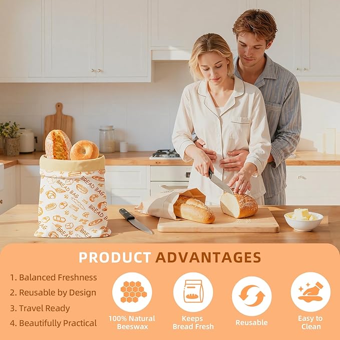2 Pack Beeswax Bread Bags for Homemade Sourdough Bread, Includes 2 Wraps, 17×13 Inches Organic Cotton Bread Storage Bags, Keeps Bread Fresh, Ideal for Bakers, Kitchen, Travel (Bread Print)