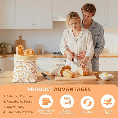 2 Pack Beeswax Bread Bags for Homemade Sourdough Bread, Includes 2 Wraps, 17×13 Inches Organic Cotton Bread Storage Bags, Keeps Bread Fresh, Ideal for Bakers, Kitchen, Travel (Bread Print)