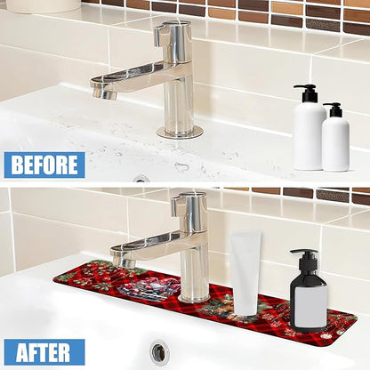 Chrismas Sink Splash Guard Faucet Mat Cute Christmas Absorbent Fast Drying Mat Sink Gadgets Splash Guard Behind Faucet Drip Catcher for Kitchen Bathroom 23.5"X5.5"