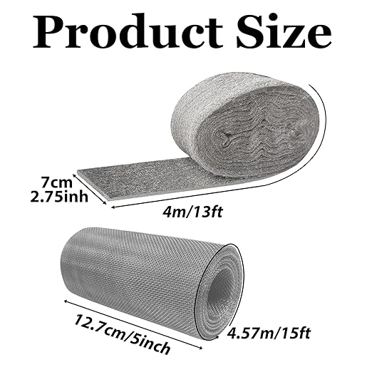 Steel Wool Mice Control - 3 Pack 2.75in x 13ft & 1 Pack Wire Mesh 5in x 15ft, Gap Filler for Pipes Home Garage Garden, DIY Kit with Gloves, Scissors and Wooden Stick