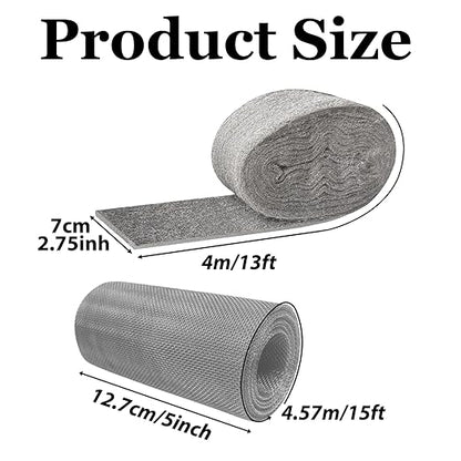 Steel Wool Mice Control - 3 Pack 2.75in x 13ft & 1 Pack Wire Mesh 5in x 15ft, Gap Filler for Pipes Home Garage Garden, DIY Kit with Gloves, Scissors and Wooden Stick