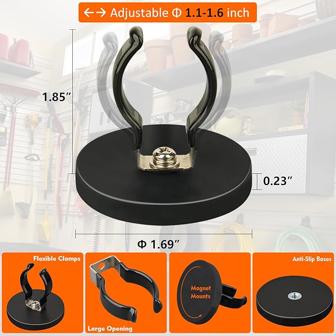 MUTUACTOR 4PCS Universal Magnetic Hooks,Anti-Slip Magnetic Mount Heavy Duty Hooks for Flashlight Holder,Large Opening Durable Magnets Flexible Clamps for Garage Organize Garden Workshop Tools Storage