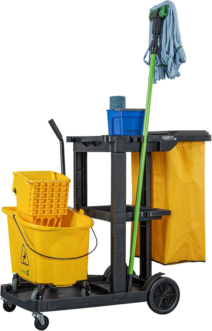 Restaurantware-Clean Tek Professional Janitor Cart with Wheels, 1 Cleaning Trolley with Cover and 18 Gallon Bag - 3 Shelves, Heavy-Duty, Black Plastic Commercial Janitorial Cart, for Restaurants