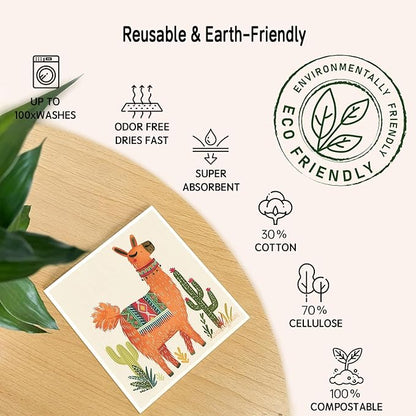 Swedish Dishcloths 6 Pack, Reusable Paper Towels Super Absorbent and Quick Drying for Kitchen, Biodegradable Washable Dish Towels Dishwasher Safe, Eco-Friendly Cleaning Cloths with Watercolor (Llama)