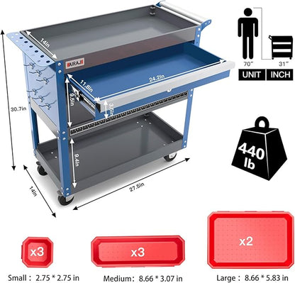 AIRAJ 3 Tier Rolling Tool Cart,Mechanic Tool Cart on Wheels,Industrial Utility Cart with Drawers and Pegboard,440 LBS Capacity Tool Storage Cart for Garage,Warehouse,Blue