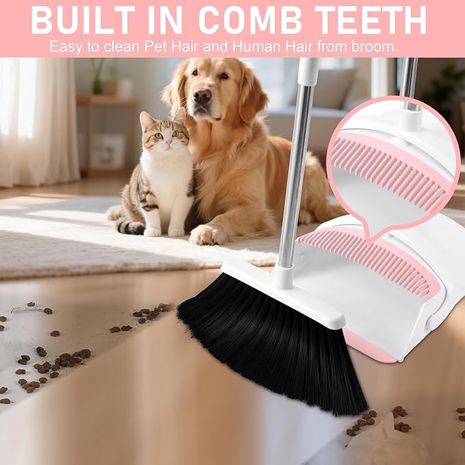 Broom with Dustpan Combo Set for Home, 52-in Long Adjustable Handle Angle Broom and Dustpan Set with Dustpan Comb Teeth for Sweeping Pet Hair Food Dirt Kitchen