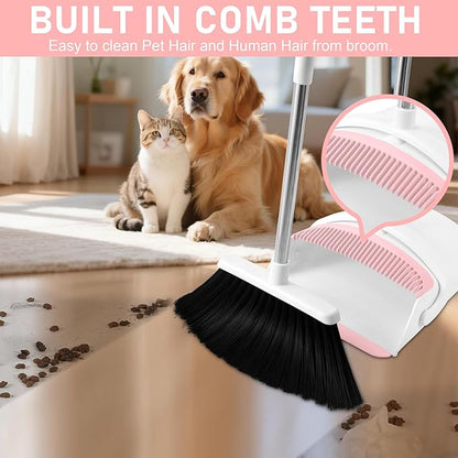 Broom with Dustpan Combo Set for Home, 52-in Long Adjustable Handle Angle Broom and Dustpan Set with Dustpan Comb Teeth for Sweeping Pet Hair Food Dirt Kitchen