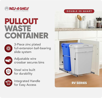 Rev-A-Shelf Double 35 Qt Pullout Trash Can for Base Kitchen Cabinets, Garbage Waste & Recycling Bin System with Lids & Full Extension Slides, Min Opening Width of 14.5", Blue/White, RV-18KD-11RC-S