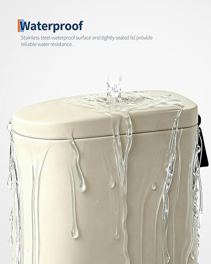 Garvee 2.6 gal / 10 L Metal Bathroom Trash Can with Lid, Slim Waterproof Garbage Can for Bedroom, Small Step-on Trash Bin with Inner Bucket, Rear Handle, Soft Close Lid, Sand Beige
