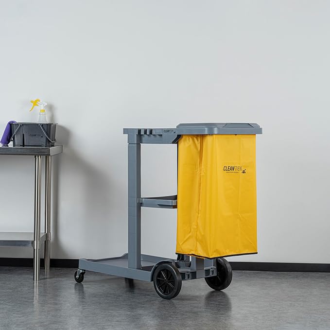 Restaurantware-Clean Tek Professional Janitor Cart with Wheels, 1 Cleaning Trolley with Cover and 18 Gallon Bag - 3 Shelves, Heavy-Duty, Gray Plastic Commercial Janitorial Cart, for Restaurants