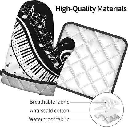 Oven Mitt and Pot Holders Sets - Music Kitchen Mitts Black White Piano Oven Gloves Hot Pads Set of 2 for Cooking BBQ Baking Grilling