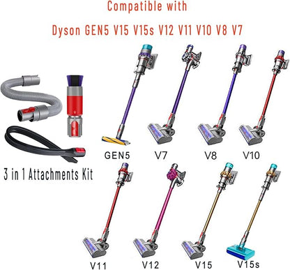 3-in-1 Vacuum Attachment Bundle for Dyson V15 V5s V12 V11 V10 V8 V7 Gen5-23" Flexible Crevice Tool + 63" Extension Hose + Soft Dusting Brush for Dryer Vent, Car Detailing, Delicate Surfaces